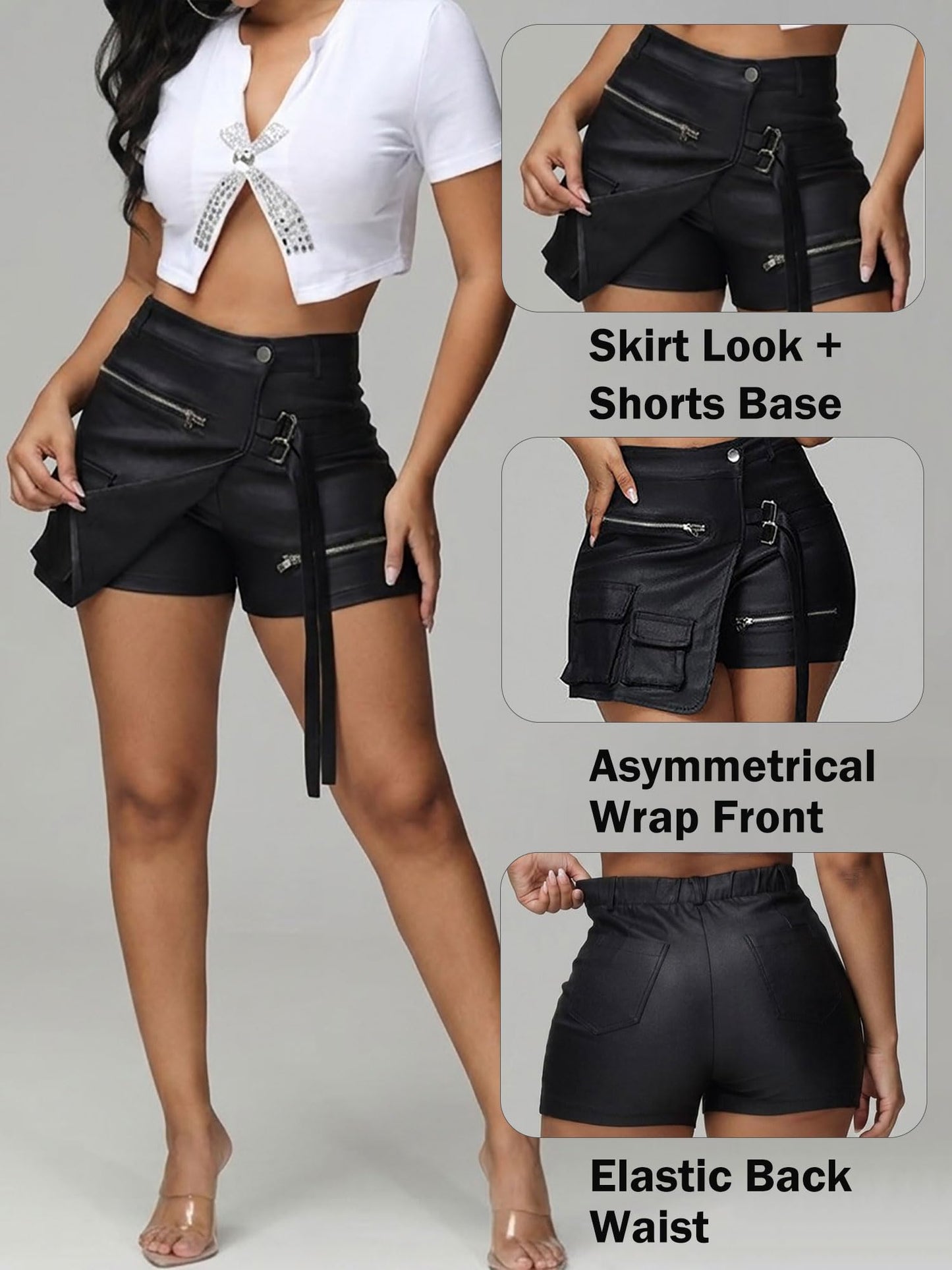 KANSOON Women Leather Shorts Metallic High Waisted Cargo Skort Sexy Rave Asymmetrical Skirt Skorts Black S