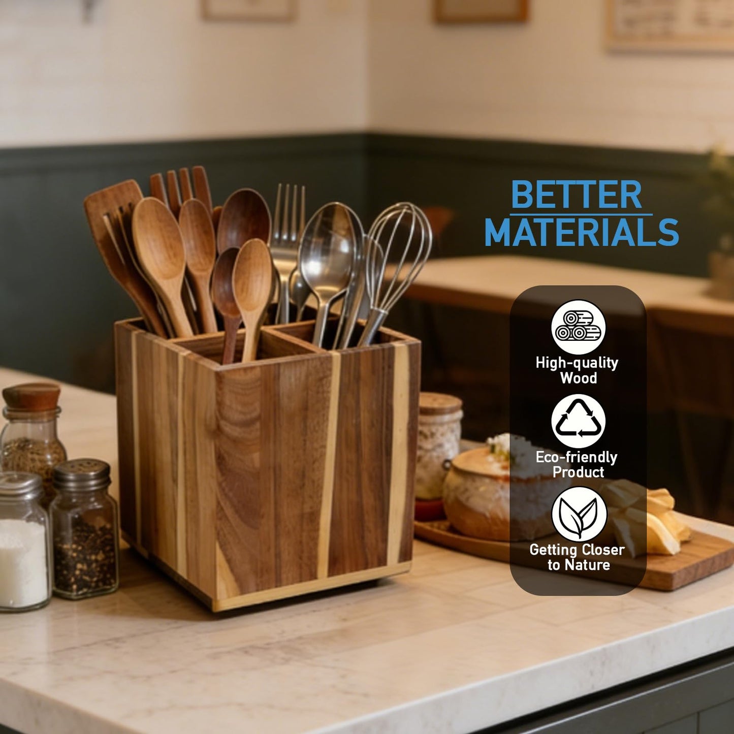 Wooden Utensil Holder for Kitchen Counter, Non-Slip Large Acacia Wood Spatula Holder for Counter with 4 Compartments, 360° Rotating Cooking Utensil Holder, Farmhouse Countertop Decor