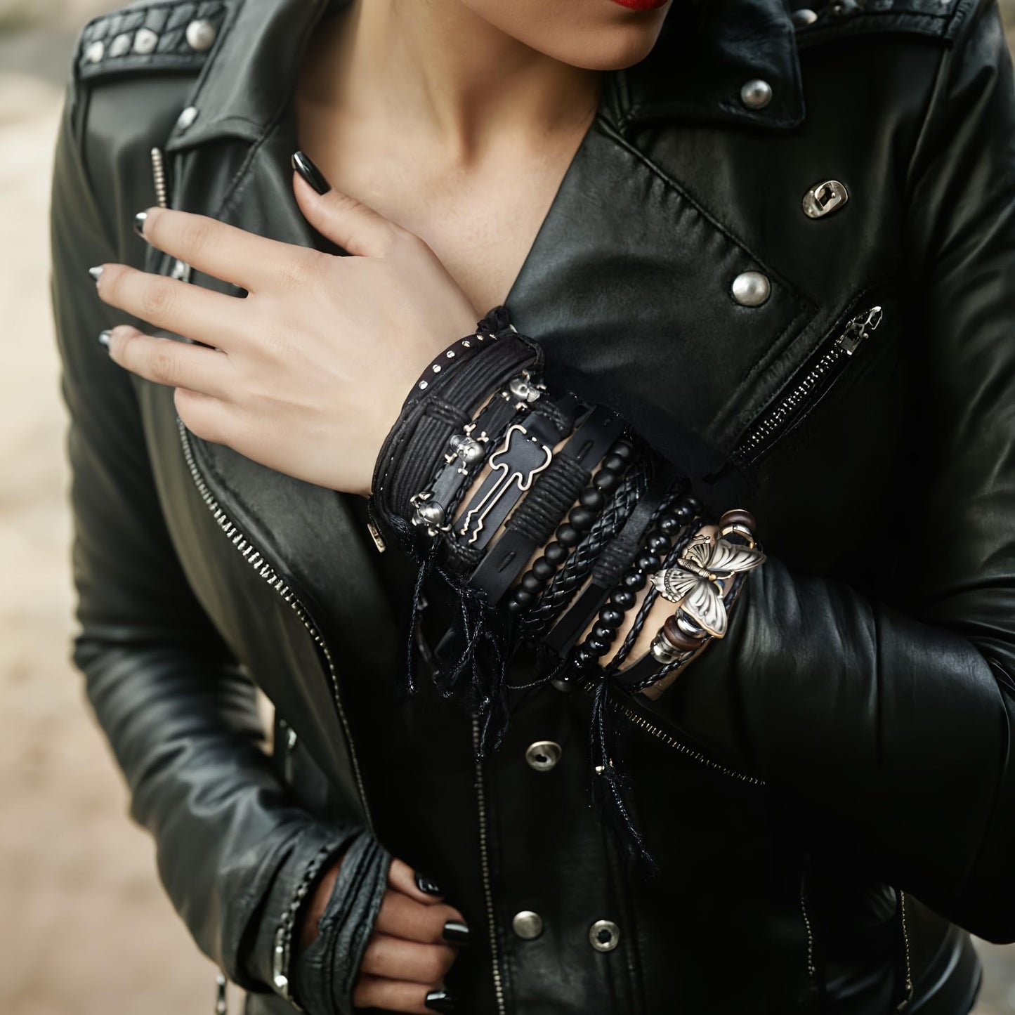 Aijewelop 10pcs/set Black Punk Style PU Leather Bracelet Set - Adjustable Cuff Wraps for Men & Women, Perfect for Casual Attire & Gifting