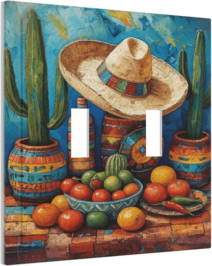 Decorative Art Light Switch Covers Mexican Sombrero & Serape Vibes 2 Gang Double Toggle Wall Plate Decorative Switchcover Electrical Switchplate for Home Decor