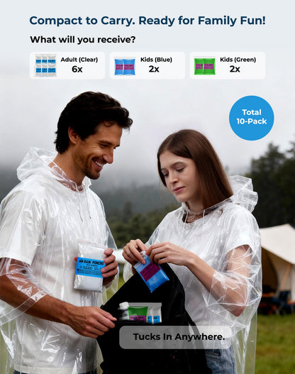 SANXINHT Disposable Rain Poncho Family 10 Pack for Adults & Kids with Hood - 2X-Thicker for Theme Parks, Travel & Outdoors