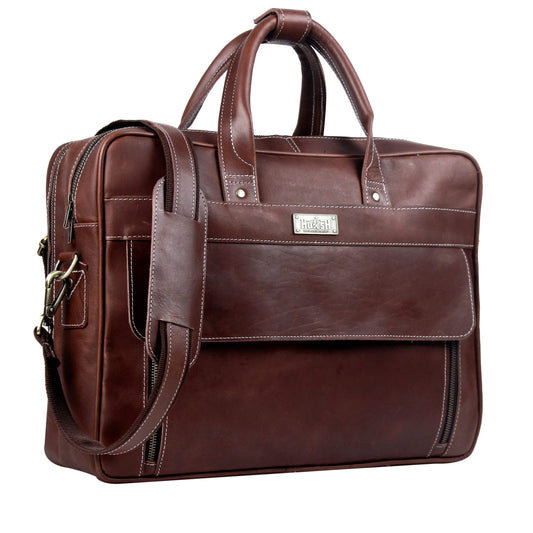 HULSH Handmade Vintage Genuine Leather Briefcase for Men 17 Inch Laptop Computer Case Business Travel Work Messenger Cross Body Shoulder Bags, Brown Leather Bag for men