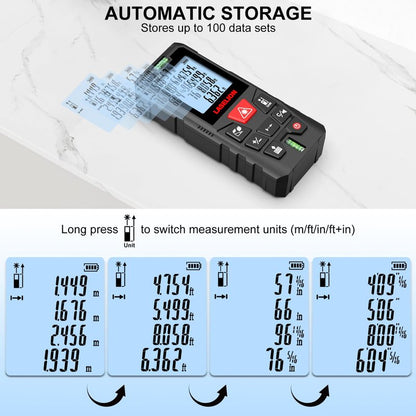 LT100 Laser Measure, 328ft/100m Laser Measurement Tool, with 2 Bubble Levels, Measuring Tool 4 Units Conversion、LCD Backlit Display, IP54 Waterproof, Pythagorean Mode for Distance, Area, Volume