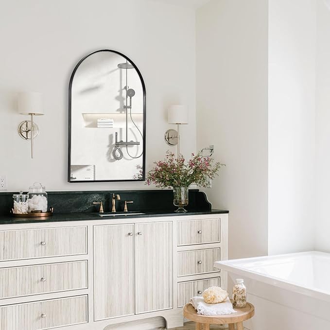 24" x 32" Black Arched Mirror, Arch Wall Mirror, Metal Frame Black Bathroom Mirror, Arched Top Bathroom Vanity Mirror for Living Room, Bedroom, Entryway, Tempered Glass, Shatter Proof