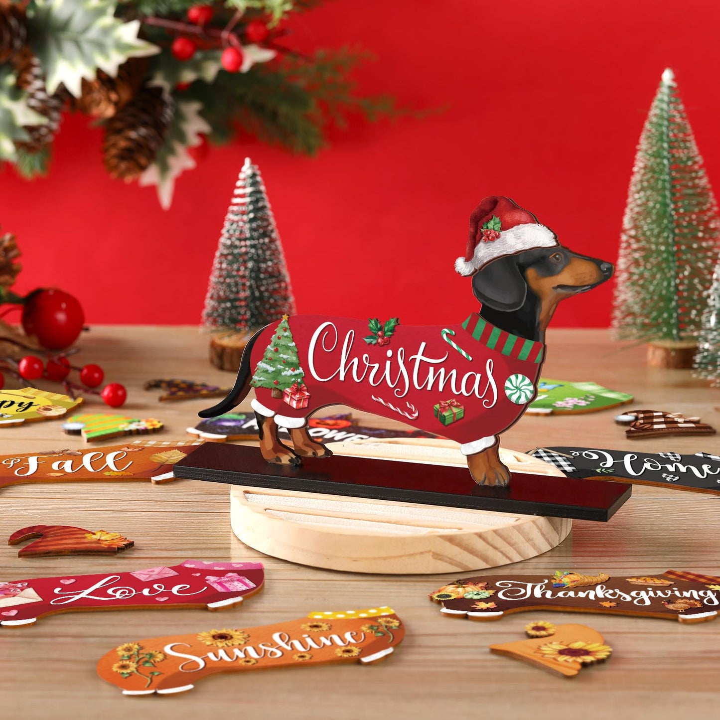Anglechic 42 Pcs Interchangeable Summer Dachshund Holiday Wiener Dog Decor Seasonal Welcome Sign Tier Tray Decoration Ornament Farmhouse Wood Home Office Desk Accessories for Women Pet Lover Gift