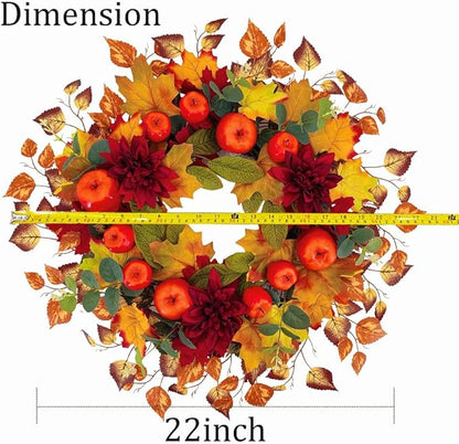 22 Inch Fall Wreath for Front Door, Thanksgiving Artificial Autumn Apple Wreath with Maple Leaves Dahlia Hydrangea for Farmhouse Home Window Wall Office Wedding Indoor Outdoor Decorations