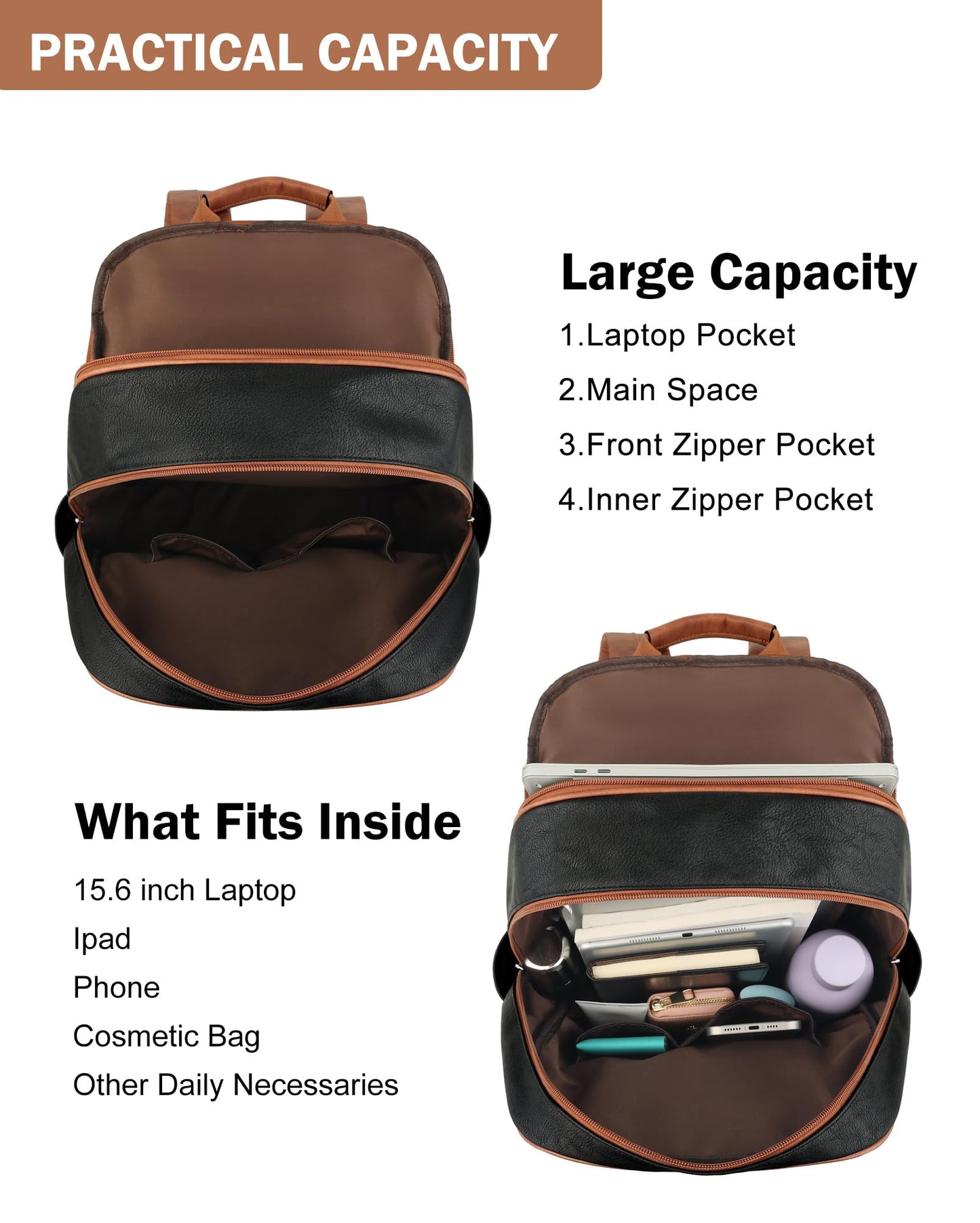 MASINTOR 15.6 inch Leather Laptop Backpack Purse for Women, Designer Travel and Work Bag with Laptop Compartment Black Brown