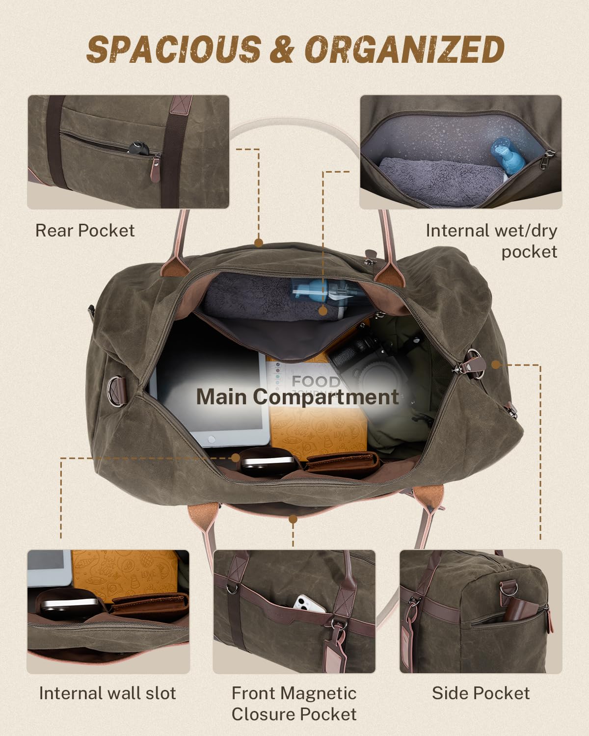 Gonex Waxed Canvas Duffle Bag for Travel, Water-resistant Vintage 55L Duffel Weekender with Shoes Compartment & Luggage Tag, Heavy-duty Overnight Bag with Suitcase Handle Sleeve for Men, Army Green