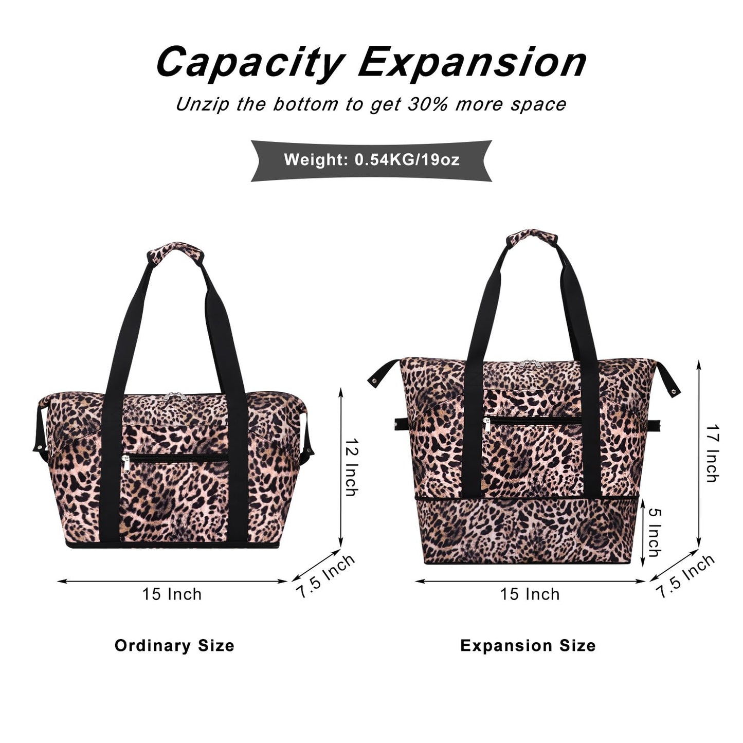 HAWEE Expandable Duffel Bag for Women with Trolley Sleeve and Wet Pocket Water Repellent Weekender Travel Tote Large Capacity Carry On Overnight Luggage, Leopard