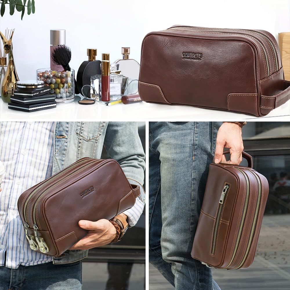CONTACTS Full Grain Leather Toiletry Bag with Lock for Men Travel Bag Shaving Dopp Kit Organizer Clutch with Handle and Double Combination Lock