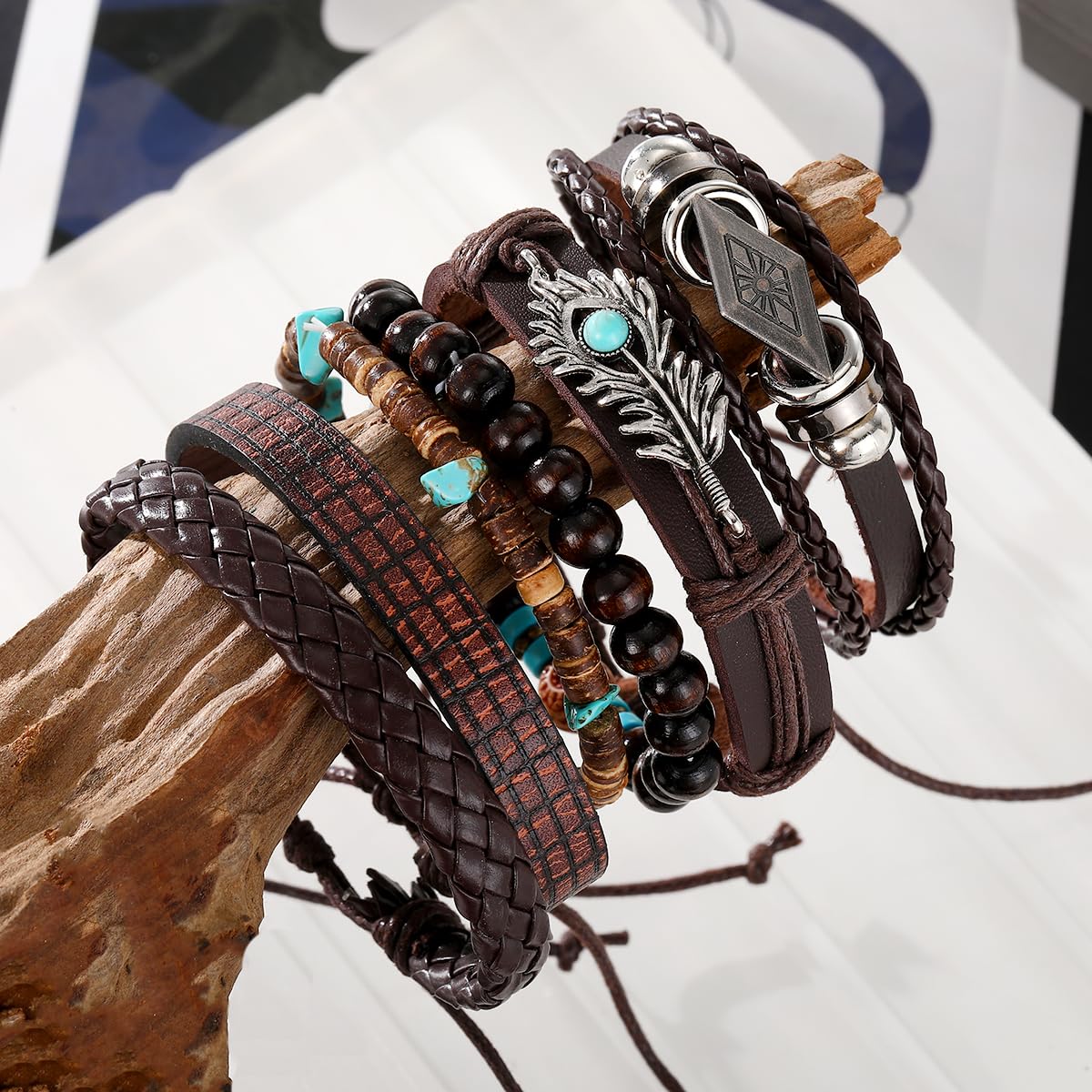 KISS WIFE Leather Bracelet for Men, 4 Packs Punk Bracelets Set, PU Braided Wrap Wristband Skull Skeleton Rock Emo Jewelry Accessories Adjustable Black Brown