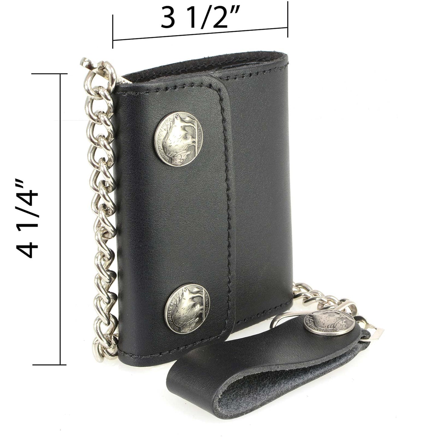 Milwaukee Leather MLW7821 Men's 4” Leather Biker Tri-Fold Wallet w/Buffalo Nickel Snaps Wallet w/Anti-Theft Stainless Steel Chain - One Size