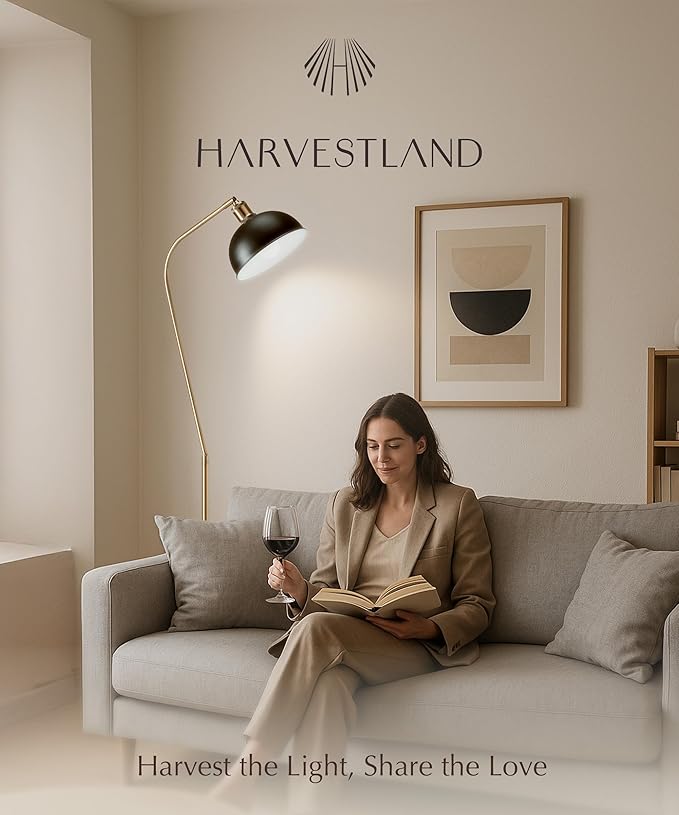 HarvestLand Halo Brass Floor Reading Lamp – Adjustable Modern Reading Light Floor Lamp with Solid Base, Reading Lamps Floor Standing, Black Stand Up Lamps for Living Room or Over Chair Use, Bedroom