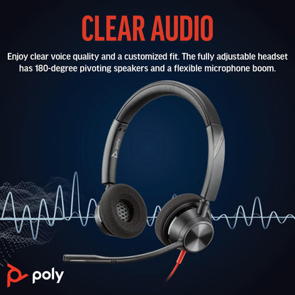 Poly Blackwire 3320 Wired Headset (Plantronics) – Flexible Microphone Boom – Hi-fi Stereo - Connect to PC/Mac via USB-C or USB-A - Works with Teams/Zoom - Amazon Exclusive