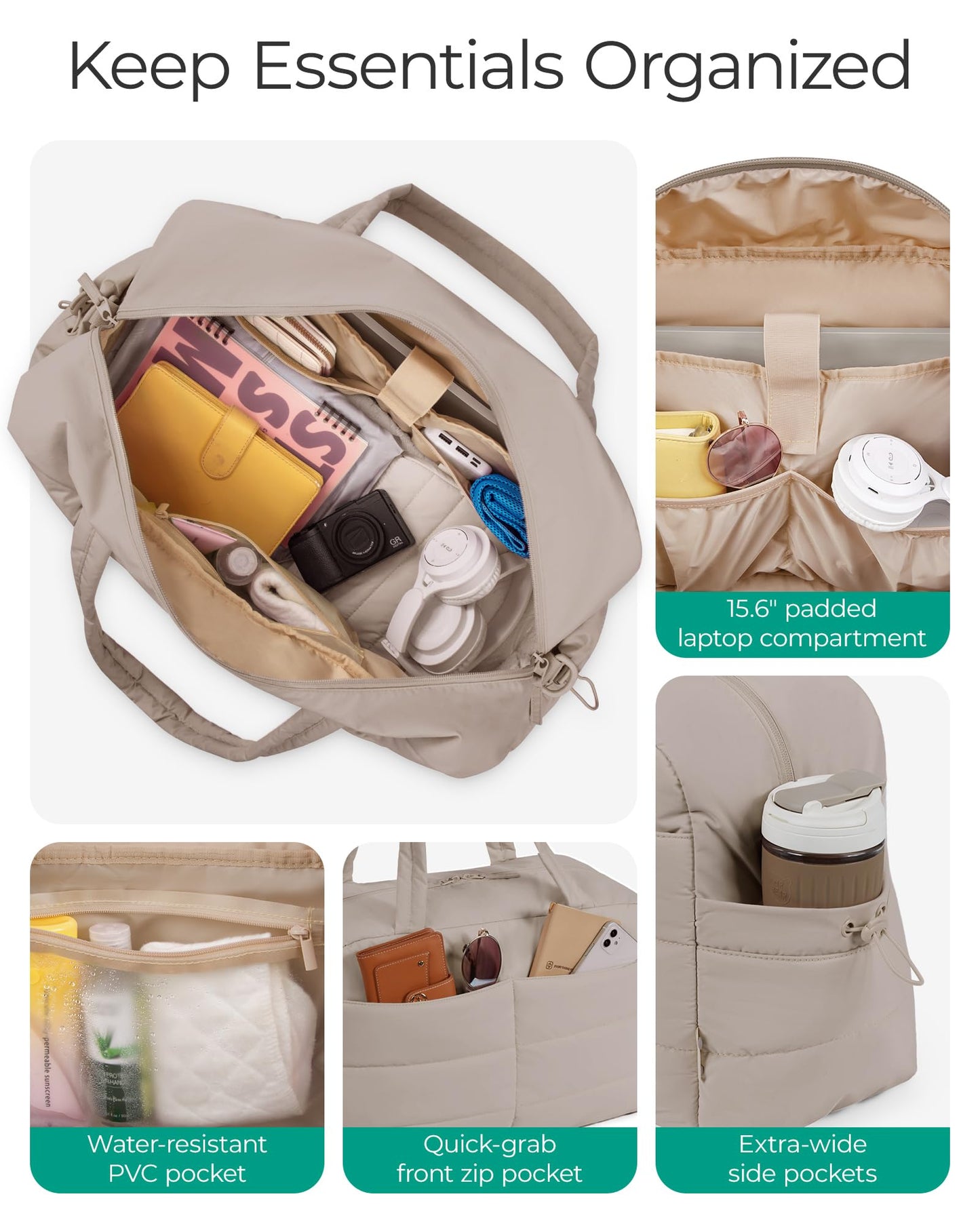 BAGSMART Gym Bag for Women, Lightweight Puffer Duffle Bag 2-PC Travel Bag, 31L Weekender Overnight Bag Quilted Carry On Tote Bag, Diaper Hospital Dance bag for Travel, Gym, Water Resistant, Camel