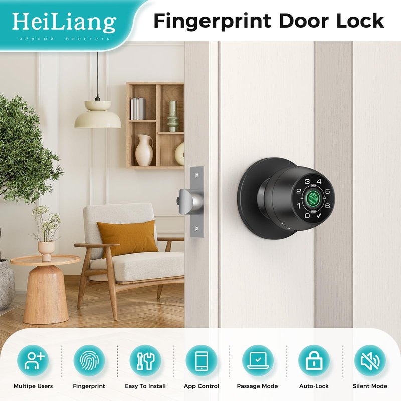 Fingerprint Door Lock，Fingerprint and Keypad Input Smart Door knob, App Controlled Biometric Door Lock, Keyless Entry, Bedroom, Office, Hotel, Apartment Auto Door knob(Matte Black)-HL-3