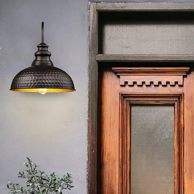 Farmhouse Outdoor Barn Light Fixture, 12 Inch Dome Gooseneck Exterior Wall Light, Rustic Outdoor Wall Sconce Outside Wall Mount Lantern with Bead Shape for Home, Porch, Garage, Doorway