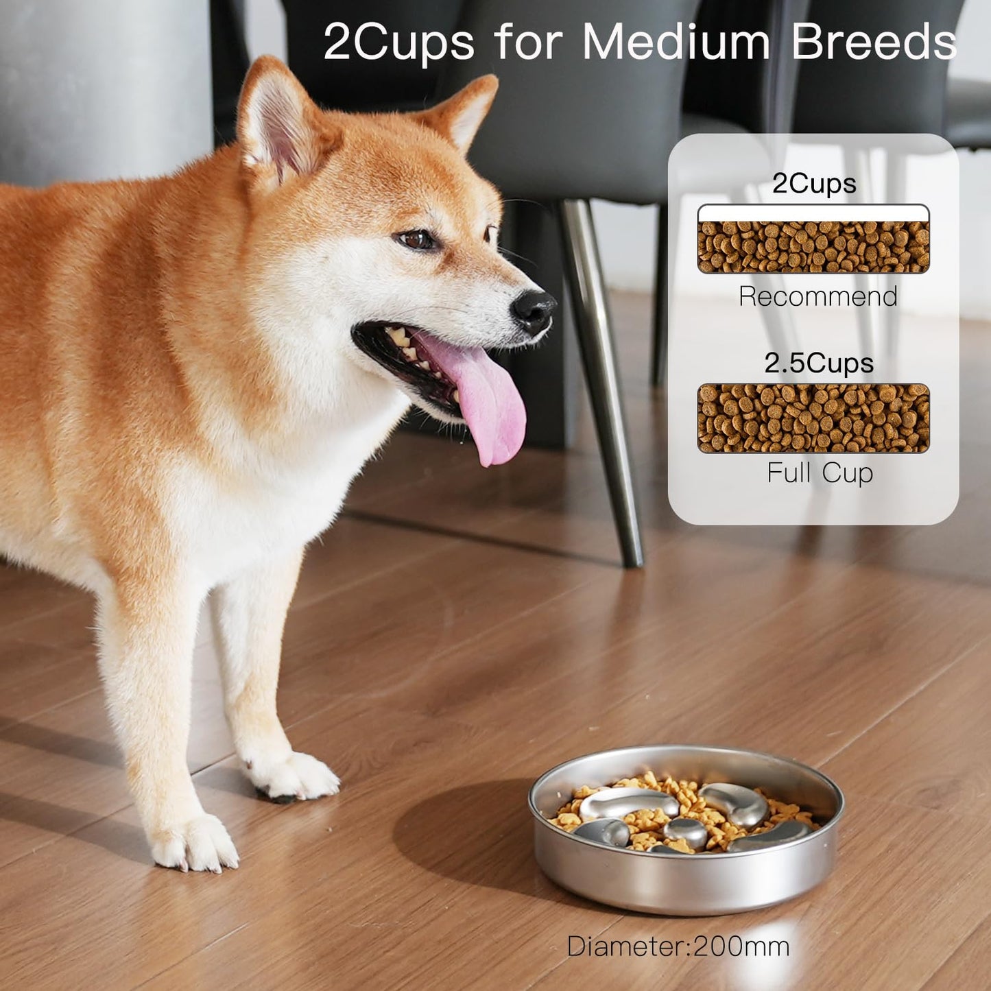 Slow Feeder Dog Bowl, Double Wall Food Grade Stainless Steel, Heavy Duty with Non-Slip Rubber Base, 2Cups Capacity for Medium Dogs to Slow Down Eating