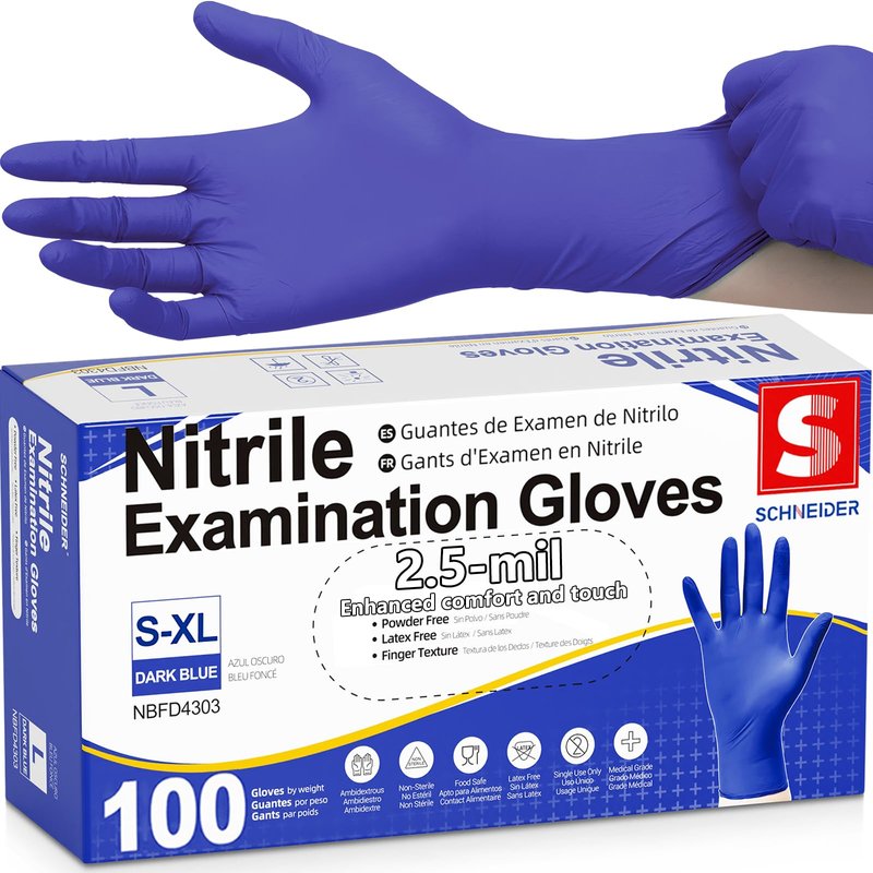 Schneider Medical Nitrile Exam Gloves, Dark Blue, Disposable Gloves, Latex-Free, Powder-Free, Food Safe for Cleaning, Cooking, Household Use,100 Count,Size Medium