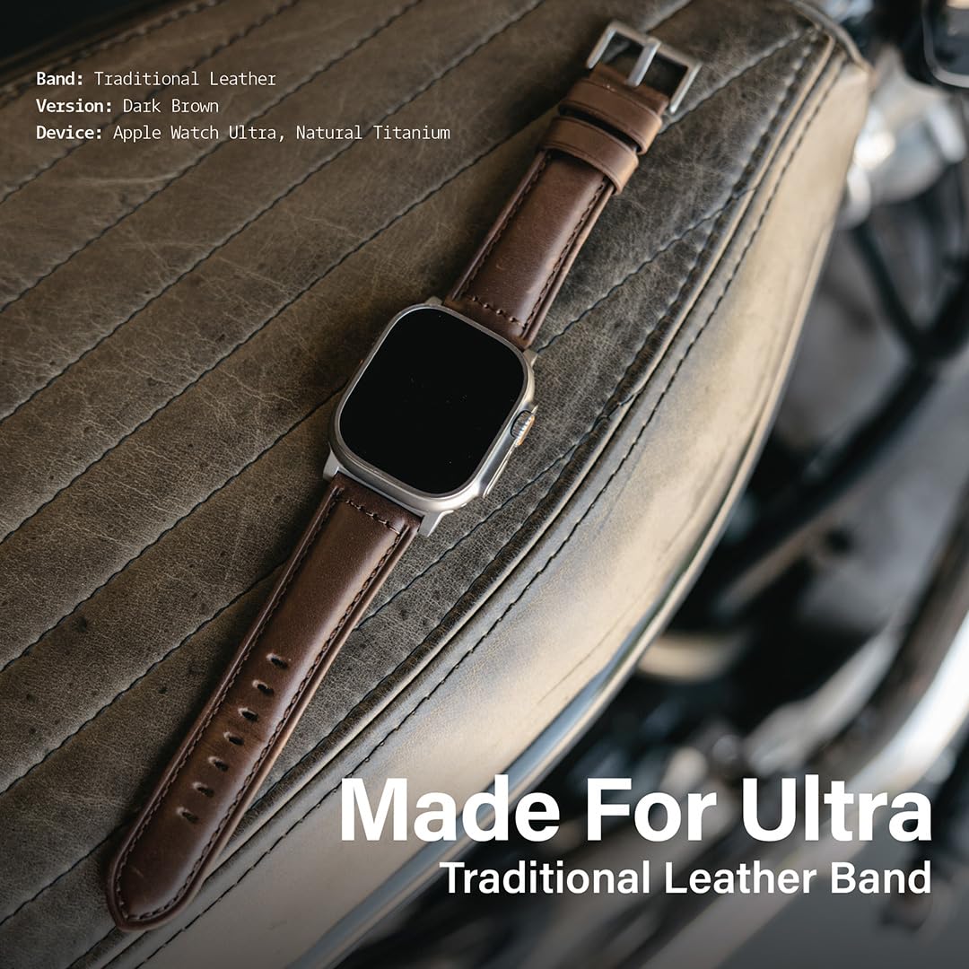 KORDIZ Traditional Leather Band for Apple Watch Series 11, 10, 9, 8, 7, 6 & SE3, SE2, SE [46mm/45mm/44mm] – Full-Grain Genuine Leather Replacement Strap for Men & Women – Classic Wristband Compatible with iWatch (Dark Brown)