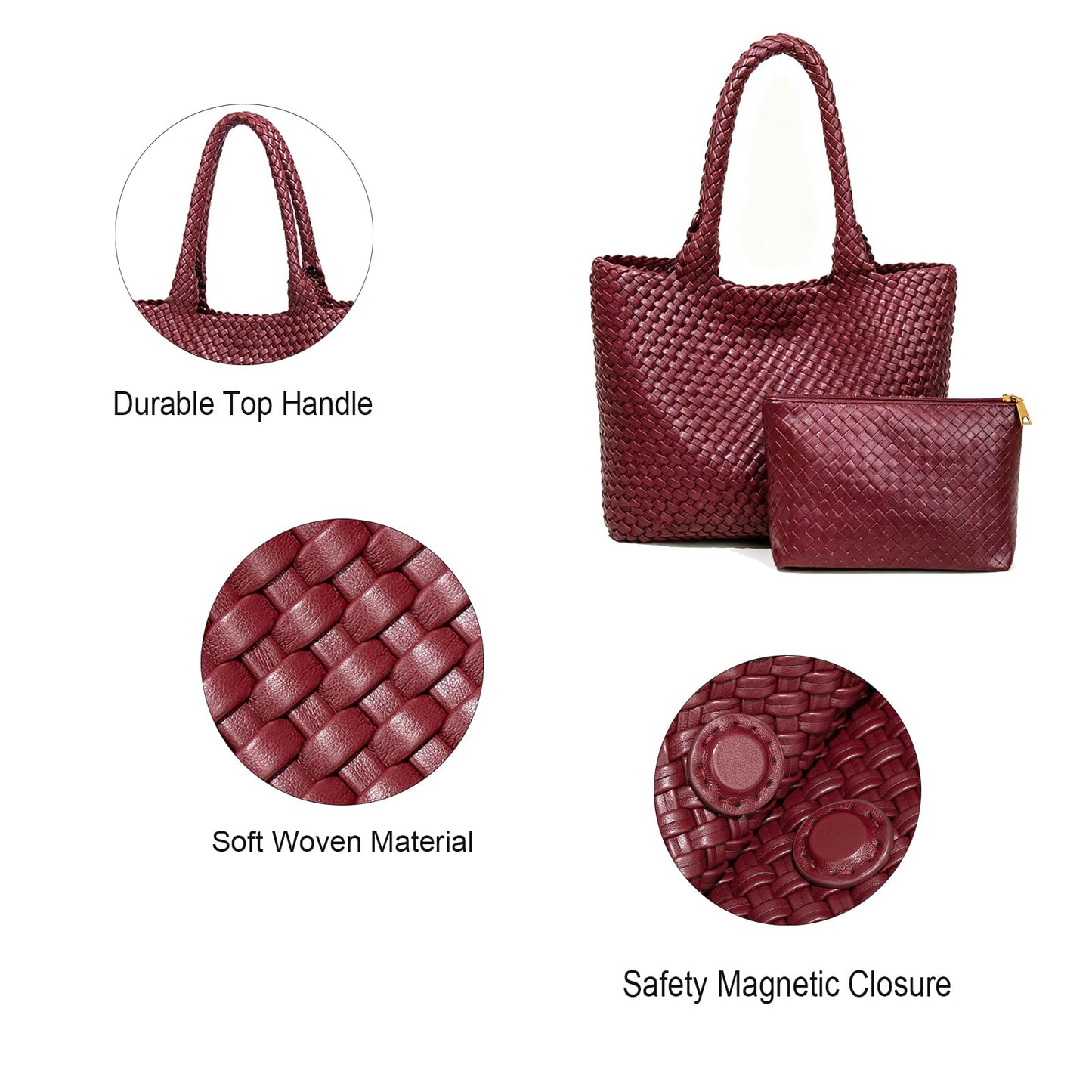 SporGenius Woven Tote Bag for Women, Vegan Leather Handwoven Bags with Small Handmade Purse, Large Travel Braided Top Handle Handbags (Burgundy)