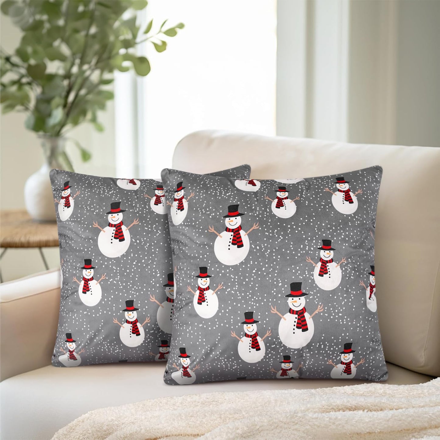 PAVILIA Holiday Velvet Fleece Throw Pillow Covers 20x20 Set of 2, Soft Decorative Cushion Covers for Couch Sofa Bed, Christmas Winter Square Accent Pillow Cases with Hidden Zipper, Snowman Gray