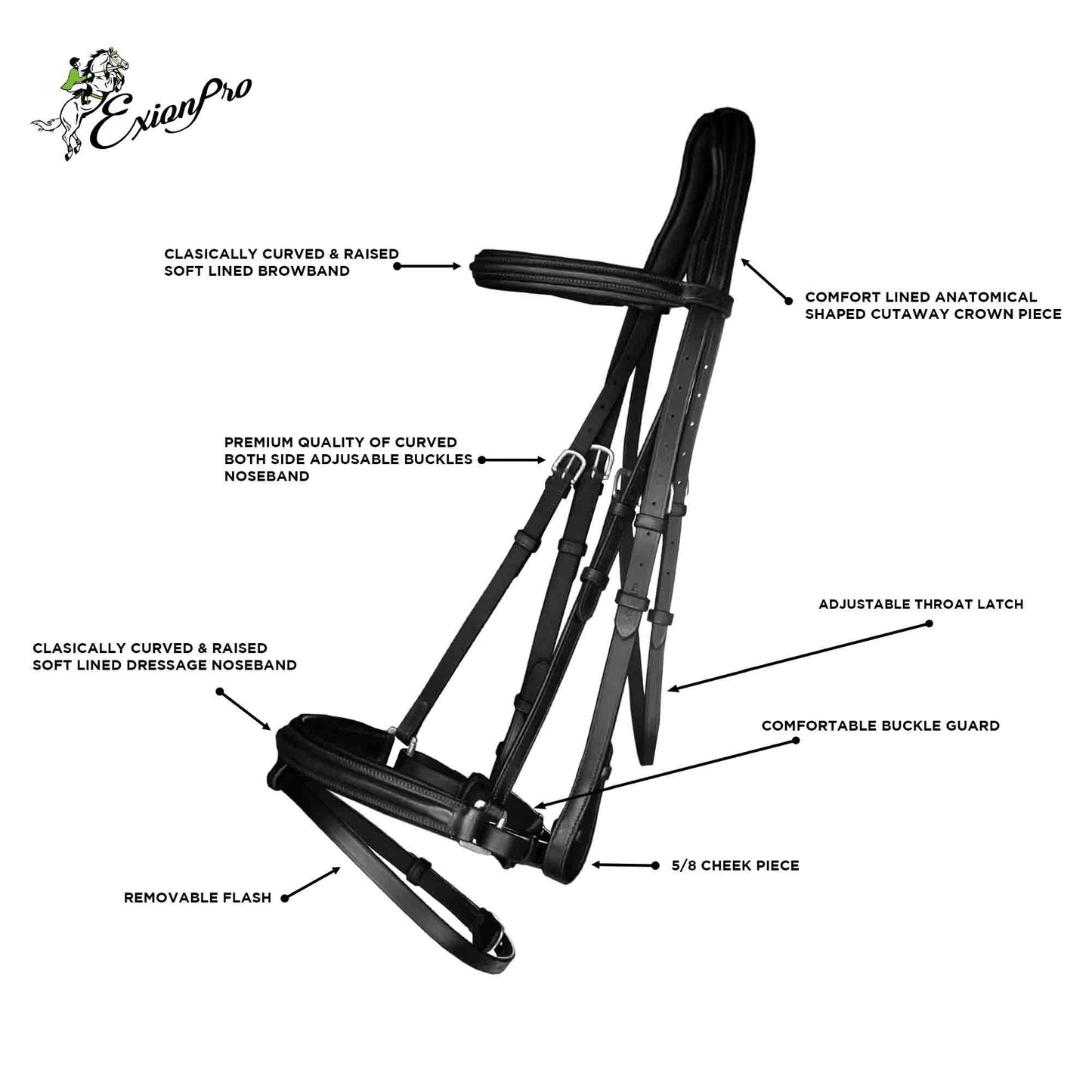 Exion Dressage Bridle with Anti-Pressure Crownpiece | Anatomical Padded Crank Noseband with Flash, Soft Browband & Web Reins with Hand Stoppers | Premium Leather Horse Bridle for Comfort & Control