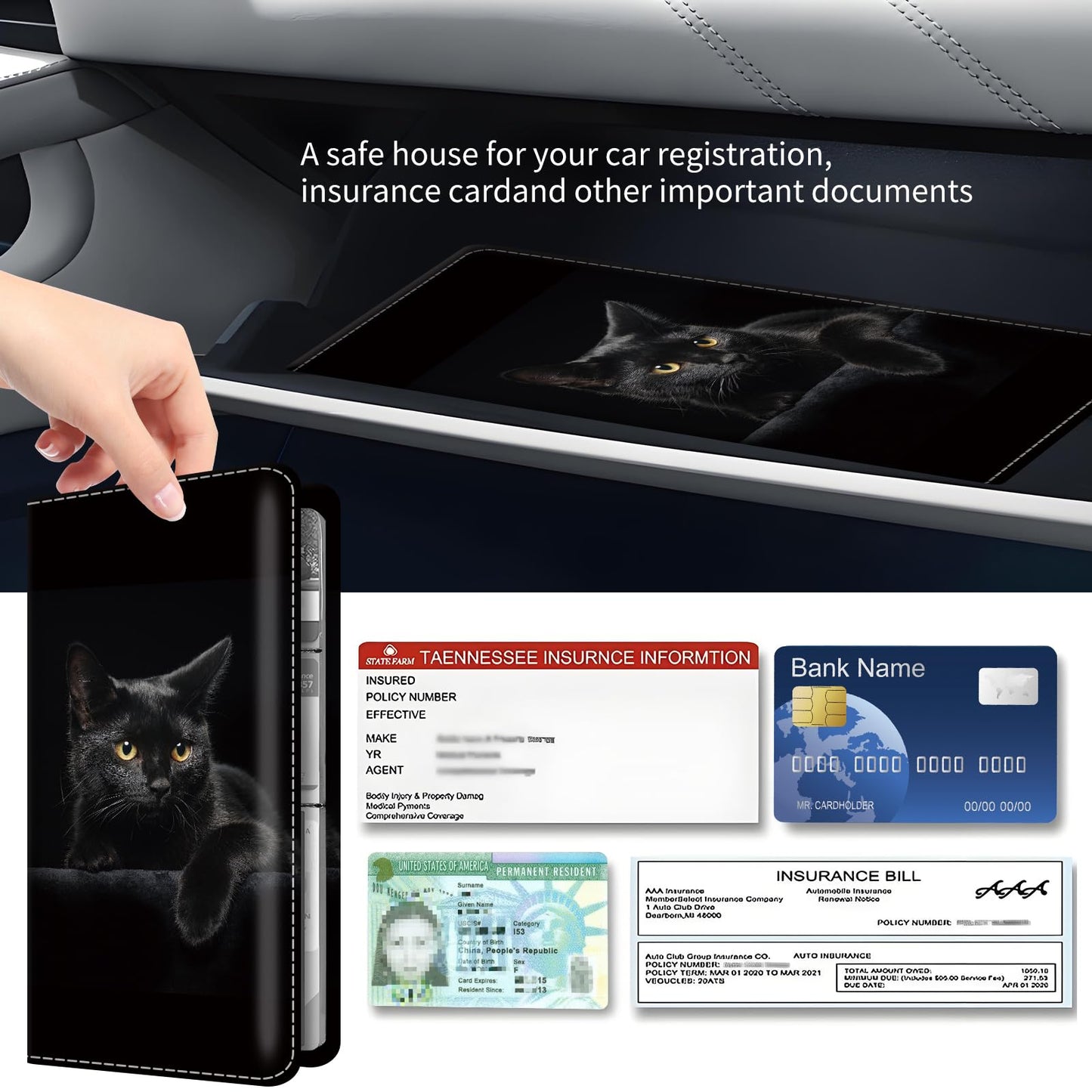 BAUCIWLD Premium Car Registration and Insurance Card Holder, Cute PU Leather Car Document Holder, Vehicle Glove Box Car Organizer with Magnetic Closure for Driver License, Cards Black Cats