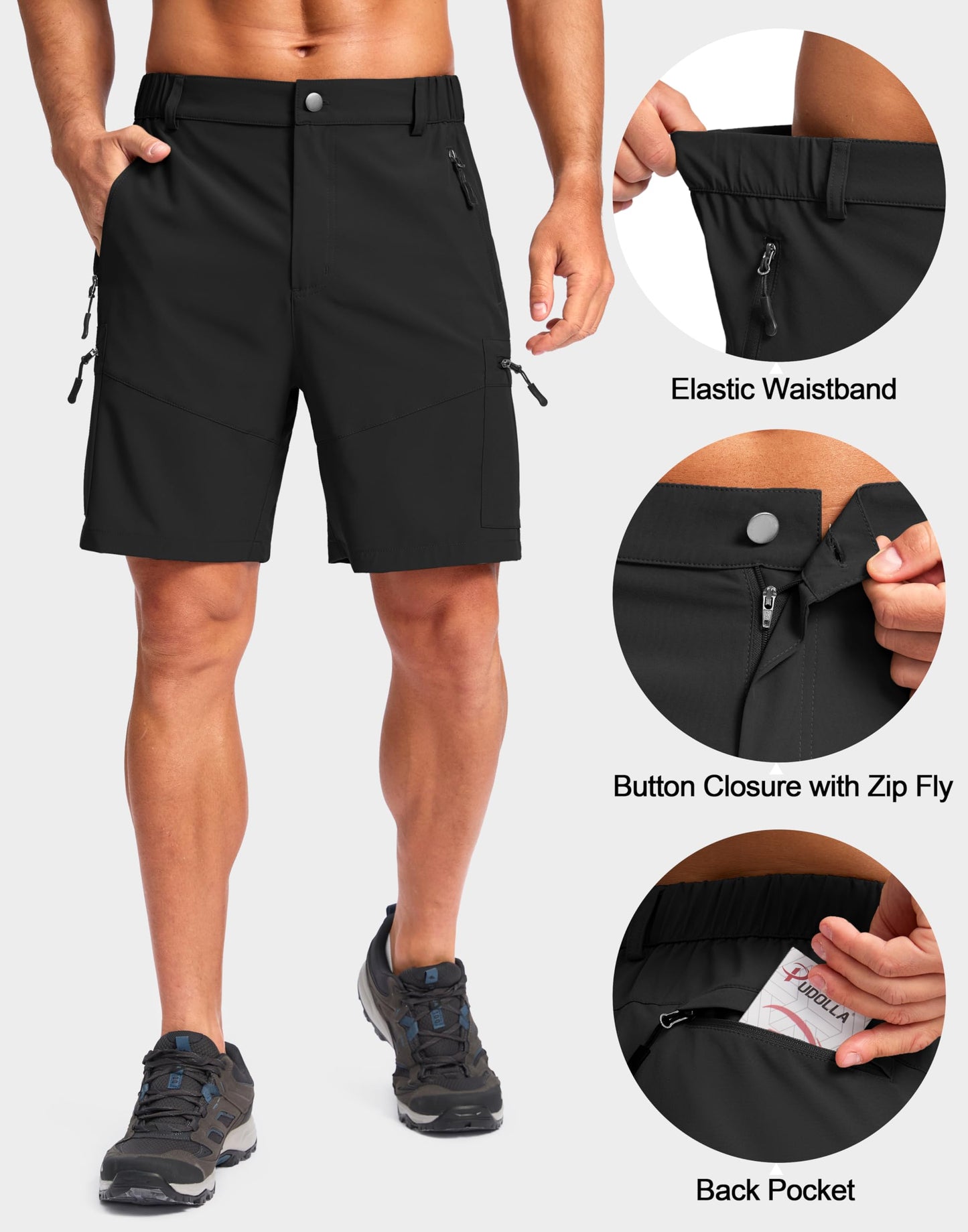 Pudolla Men's Hiking Cargo Shorts Lightweight 7" Travel Casual Shorts for Men Golf Work Outdoor with 5 Zipper Pockets(Black X-Large)
