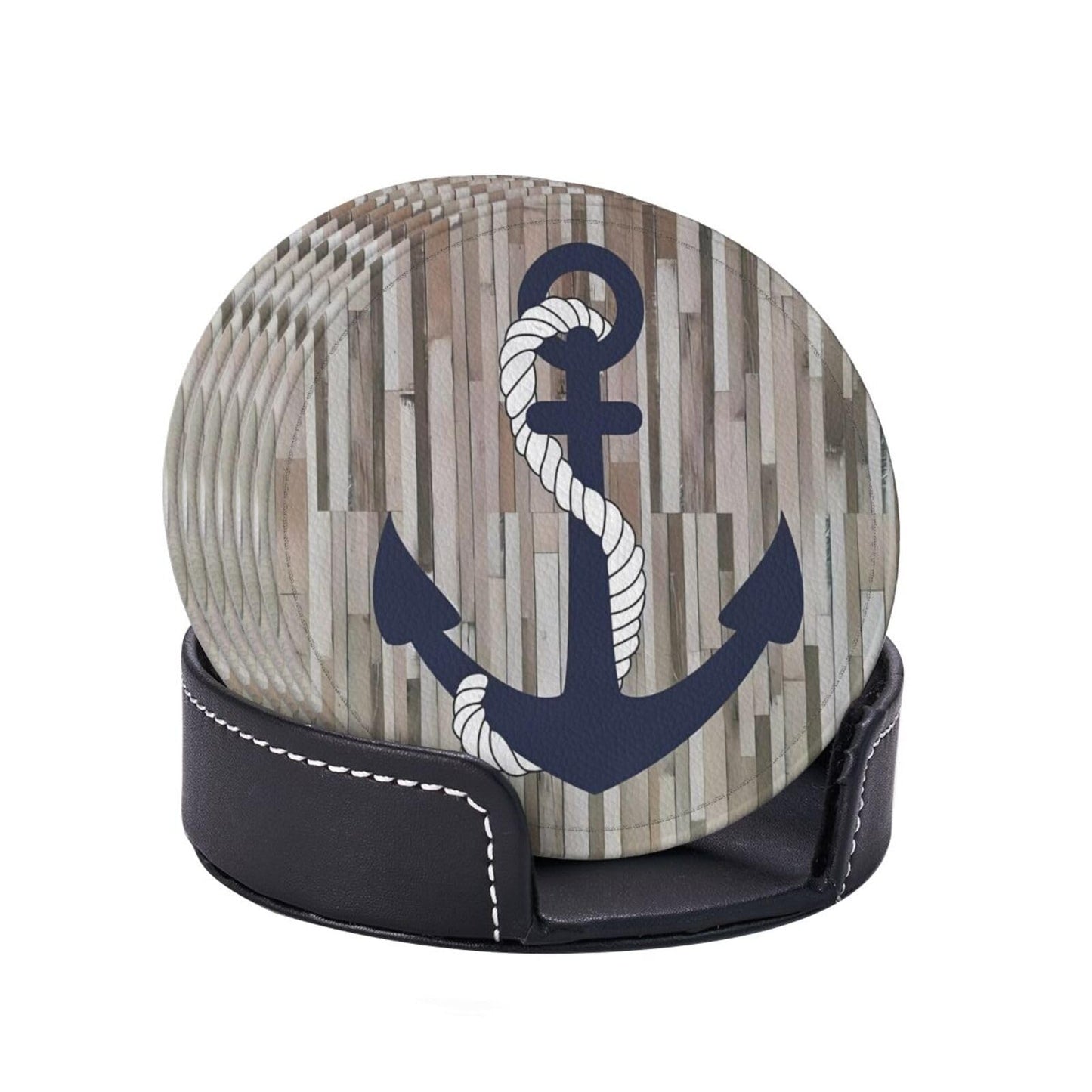 Nautical Navy Blue Anchor Wood Plank Premium Leather Coasters - Set of 6 with Holder, Stylish Beverage Coasters for Kitchen, Coffee and Home Decor