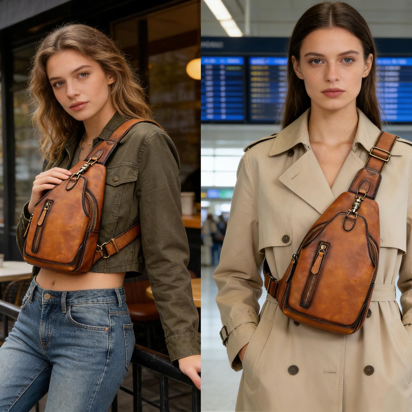 NIUCUNZH Genuine Leather Crossbody Sling Bag Handmade Classic Vintage Shoulder purse daypack Backpack Brown