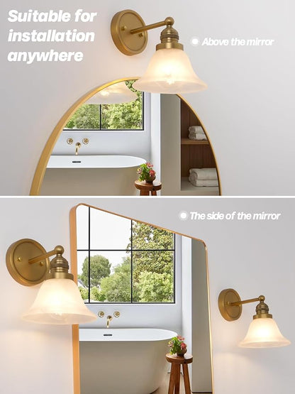 Gold Wall Sconces, Vintage Bathroom Vanity Lights with Frosted Milk Glass Brass Sconces Wall Lighting Indoor Wall Lamps for Living Room Bedroom Kitchen Sink Hallway Stairway E26