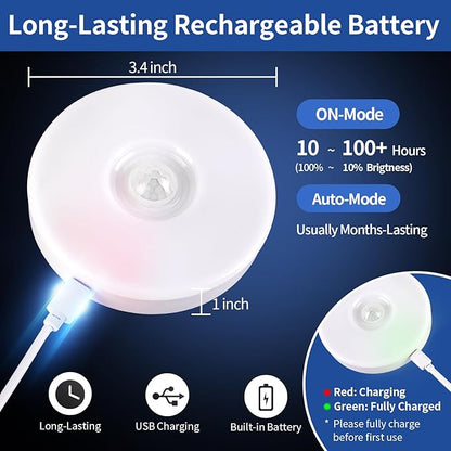 RGB LED Rechargeable Motion Sensor Light Indoor with Remote, Long-Lasting Battery, Bright & Dimmable, Stick-On Puck Night Light for Closet, Cabinet, Kitchen, Stairs, Shelves - Warm & RGB 2Pack