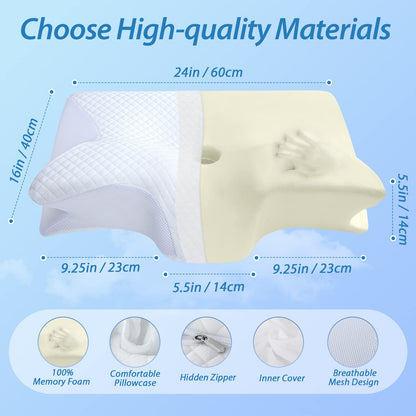 HOMCA Memory Foam Cervical Pillow, 2 in 1 Ergonomic Contour Orthopedic Pillow for Neck Pain, Contoured Support Pillows for Side Back Stomach Sleepers