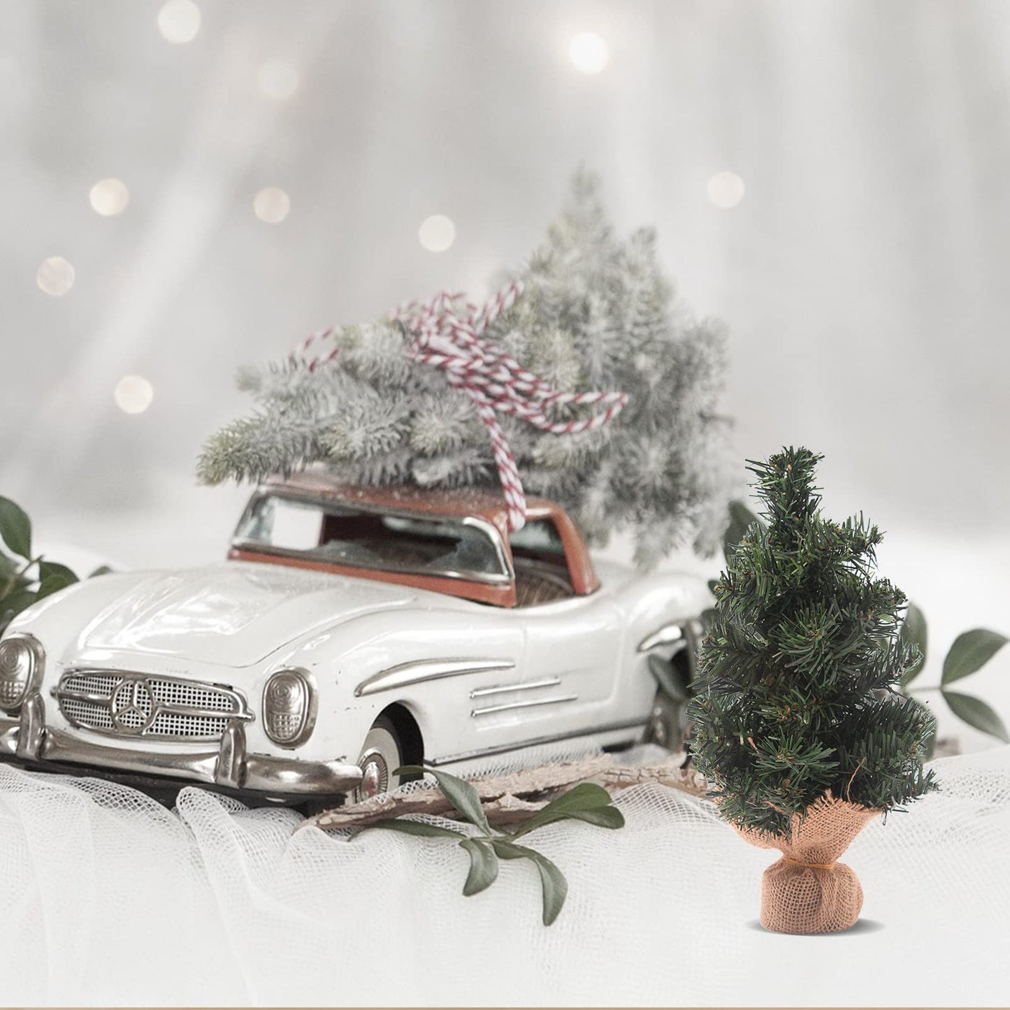5pcs Mini Christmas Tree,Artificial Christmas Tree Tabletop Christmas Tree with Linen Base Perfect for Christmas Decorations, Home, Kitchen（3pcs 7.87" and 2pcs 11.81"）
