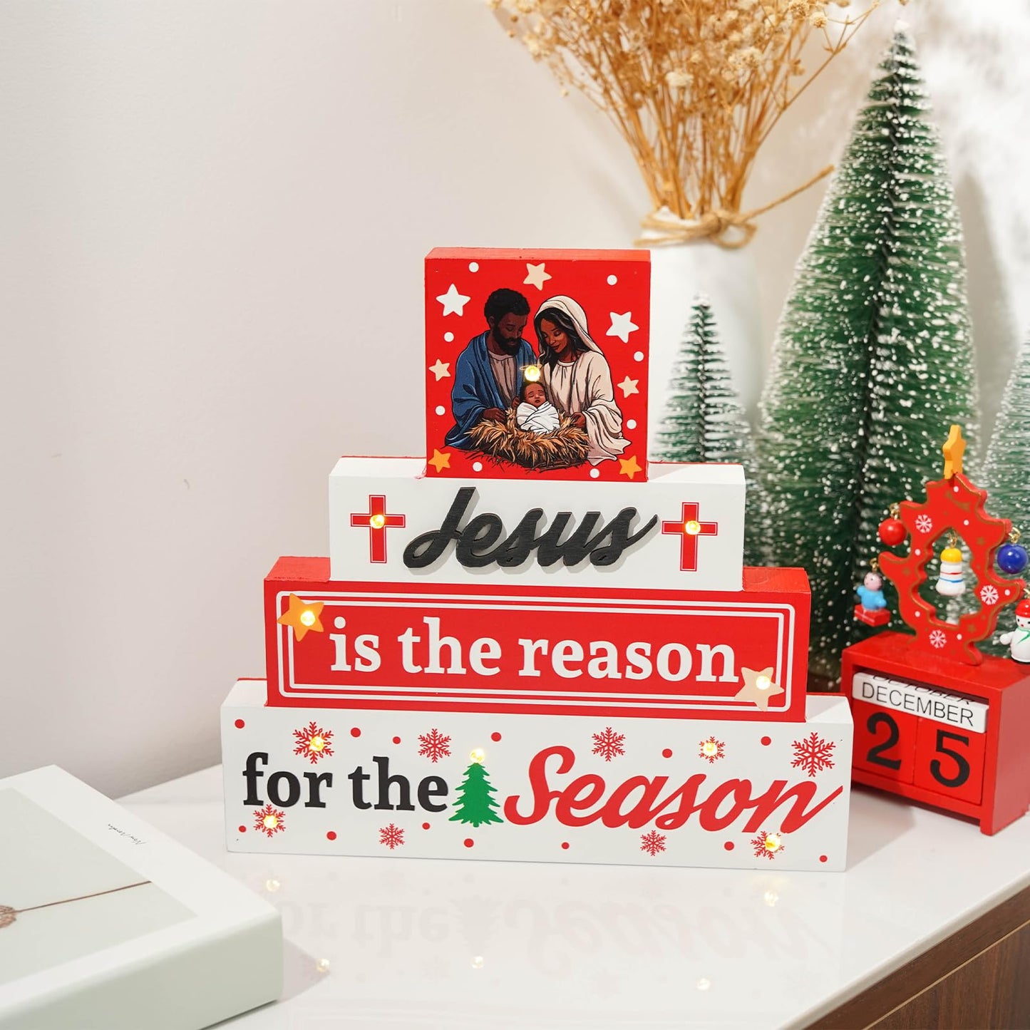 Black Santa - Led African American Christmas Decorations Jesus Is The Reason For The Season Nativity Scene Christian Wooden Sign for Table Religious Home Office Decor 9 × 9 Inch