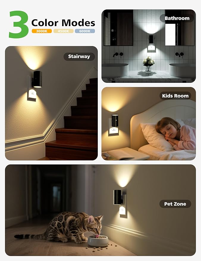 Night Lights Plug Into Wall,Dimmable LED Nightlight with Dusk to Dawn Sensor,0-100LM Adjustable Brightness,3 Color Temperatures,Night Light for Hallway Bathroom Stair Bedroom,Black,4 Pack