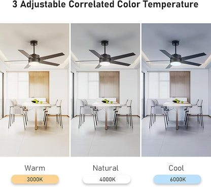 52 Inch Modern Ceiling Fan with Light, 5 Blades, Remote Control, Reversible DC Motor, Stepless Dimmable, Noiseless for Indoor and Use, Black
