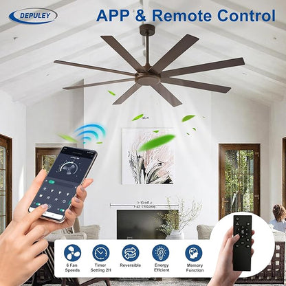 Depuley Large Ceiling Fan without Light: 66 Inch Indoor/Outdoor Fan Reversible DC Motor 6 Speed - Dual 8 Blades Big Ceiling Fans with No Light for Living Room Covered Patio, Brown