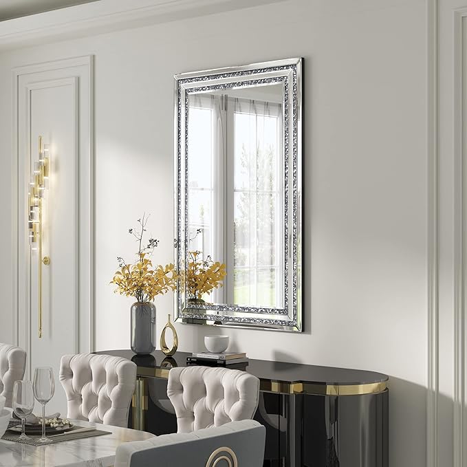 KOHROS Crystal Crush Diamond Rectangle Silver Mirror for Wall Decoration 48x32inch Frameless Wall Mirror Acrylic Diamond Decor Vertically or Horizontally Hanging