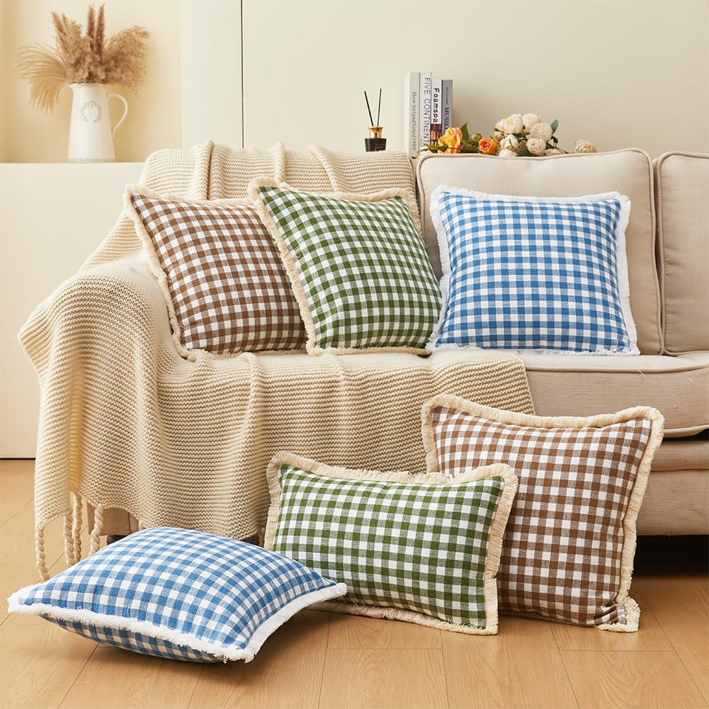 18x18 Blue and White Gingham Striped Throw Pillow Covers with Ruffle Trim