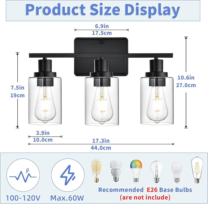 Bathroom Vanity Light,3-Light Modern Black Bathroom Light Fixtures with Clear Glass Shade,Wall Lamps for Living Room,Bath Vintage Wall Mounted Lights for Mirror,Bedroom