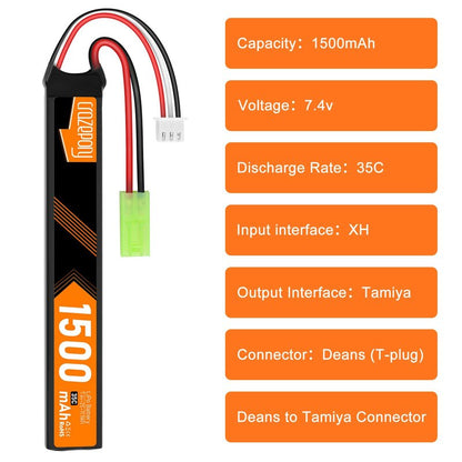 Crazepony 7.4V Rechargeable Airsoft Battery, 2S LiPo Battery 1500mAh 35C High Discharge Rate Lipo Pack with Mini Tamiya Plug for Airsoft Model Guns Rifle
