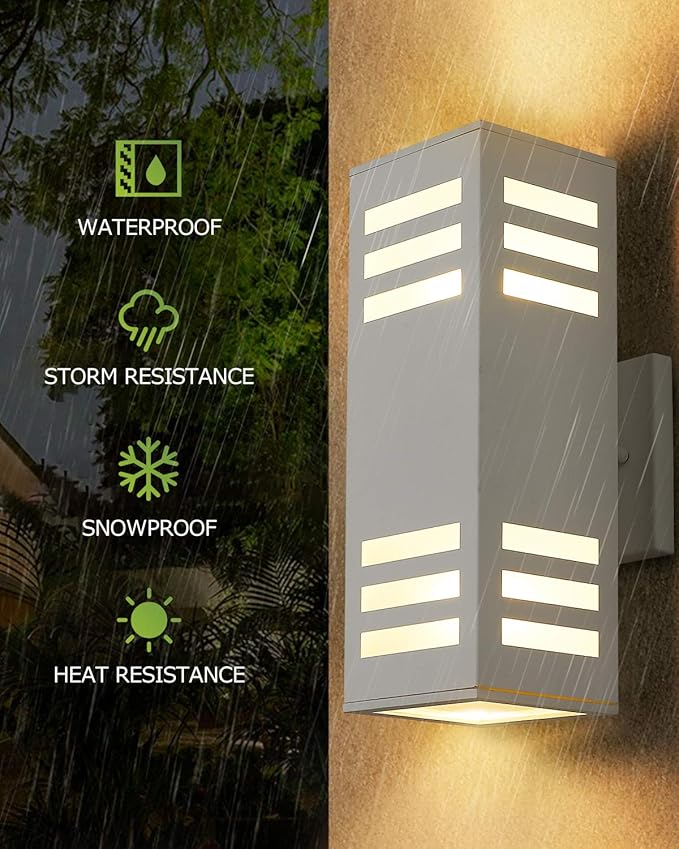 harriet Porch Lights Outdoor Modern - IP64 Waterproof Aluminum and Tempered Glass Cover, 13" Rectangular Up/Down Wall Sconce for Porch, Garage & Patio, Exterior Lighting, White, 2 Pack