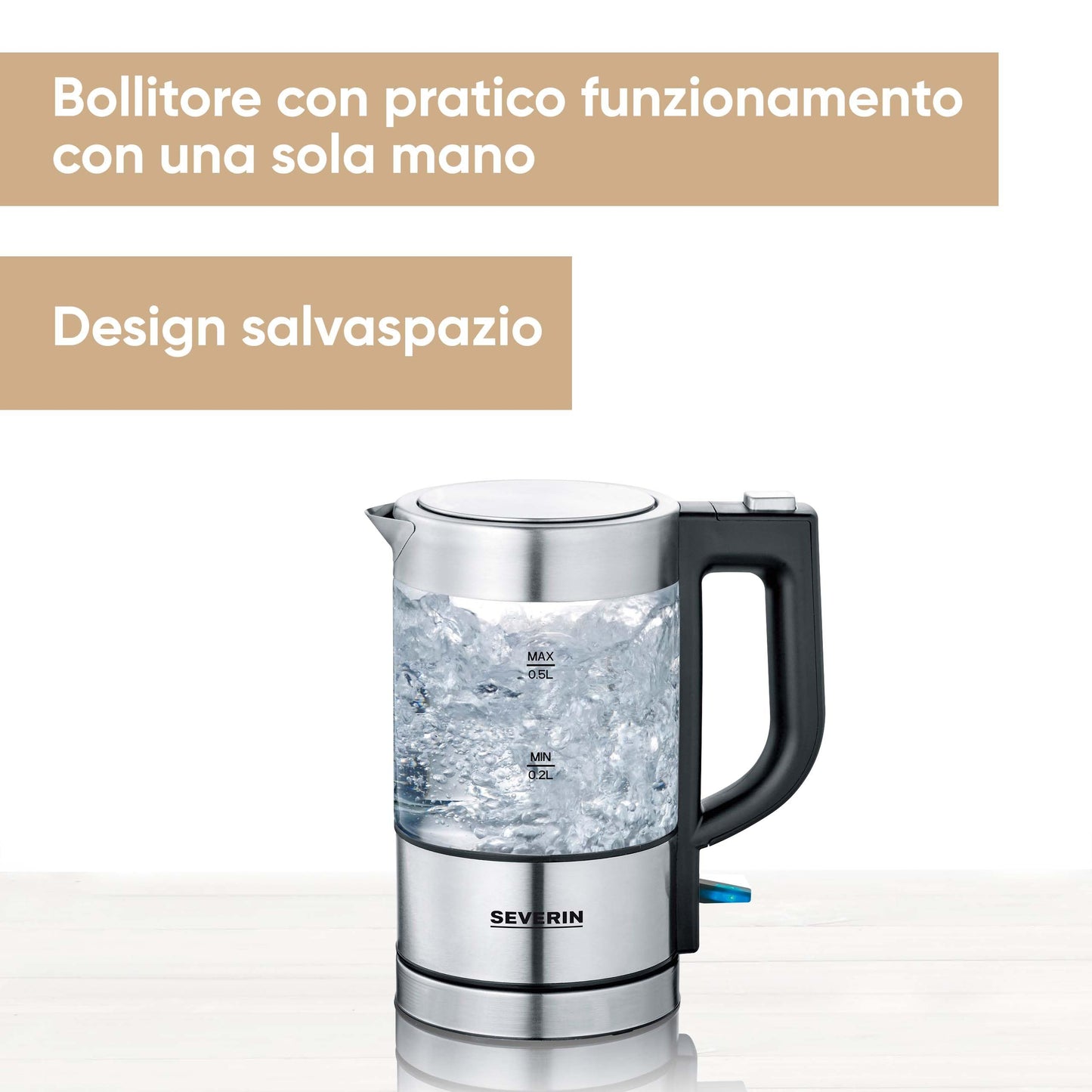 SEVERIN Mini Glass Kettle 0.5 L, Powerful and Compact in High-Quality Design, Electric Kettle with Limescale Filter, Stainless Steel/Black, WK 3472
