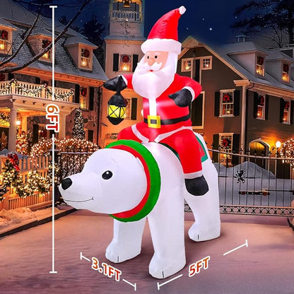 KOOY 6FT Christmas Inflatable Santa Claus with Polar Bear Build-in LED Lights Blow up Xmas Inflatables Decoration for Yard Garden Lawn Holiday Party