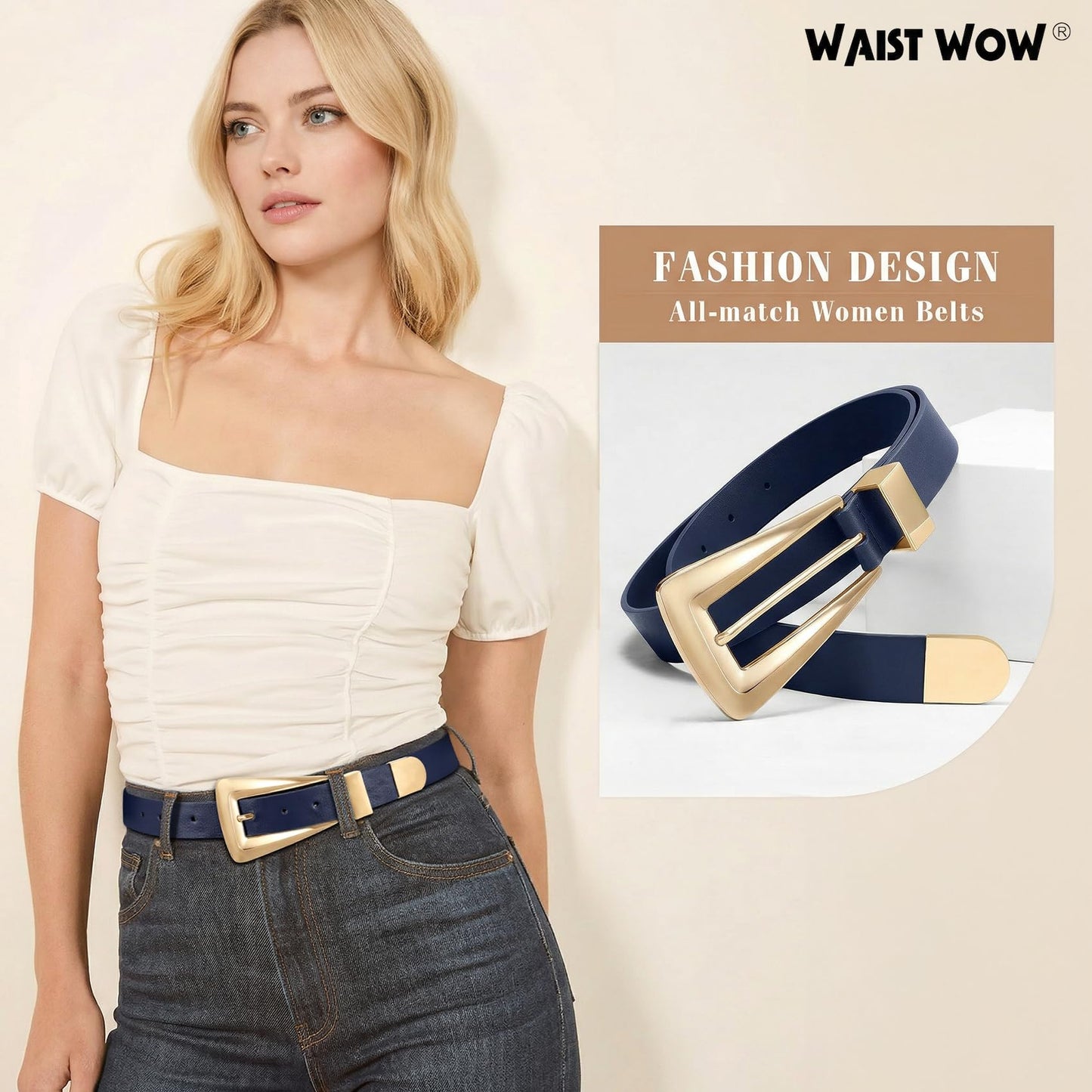 Women's Leather Belts for Jeans Pants Fashion Leather Waist Belt Ladies Dress Belts with Gold/Silver Buckle