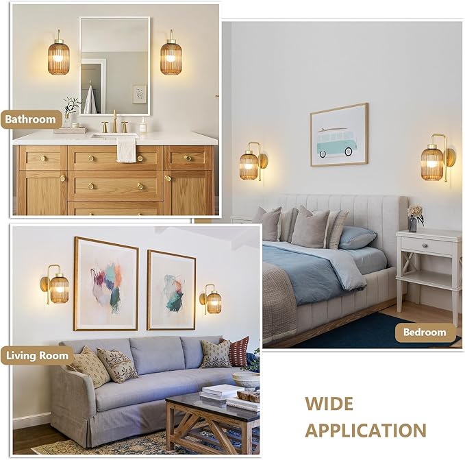 Vintage Gold Wireless Wall Sconces Battery Operated, Rechargeable Wall Lights Set of 2 with Amber Stripe Glass Shade, Remote and Bulb, Cordless Sconces Wall Decor for Bedroom Living Room