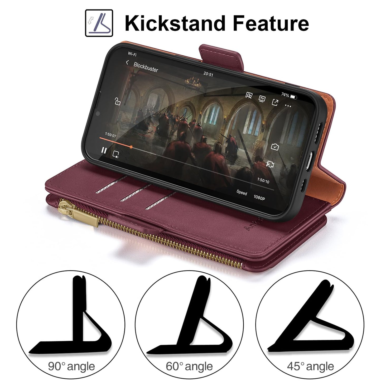 Antsturdy Compatible with Samsung Galaxy A54 5G Wallet Case with Card Holder Phone Case RFID Blocking PU Leather Flip Cover with Strap Zipper Credit Card Slots,for Women Men,Wine Red
