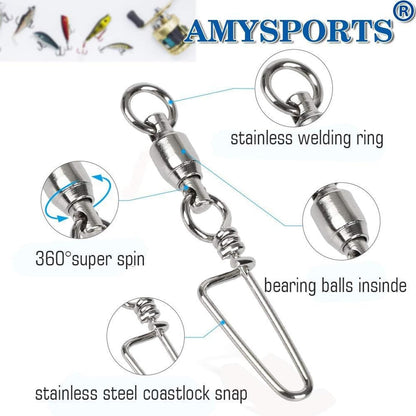 AMYSPORTS High Strength Stainless Fishing Swivels - Ball Bearing Saltwater Corrosion Resistance Barrel Swivels, 50pcs, 220lbs
